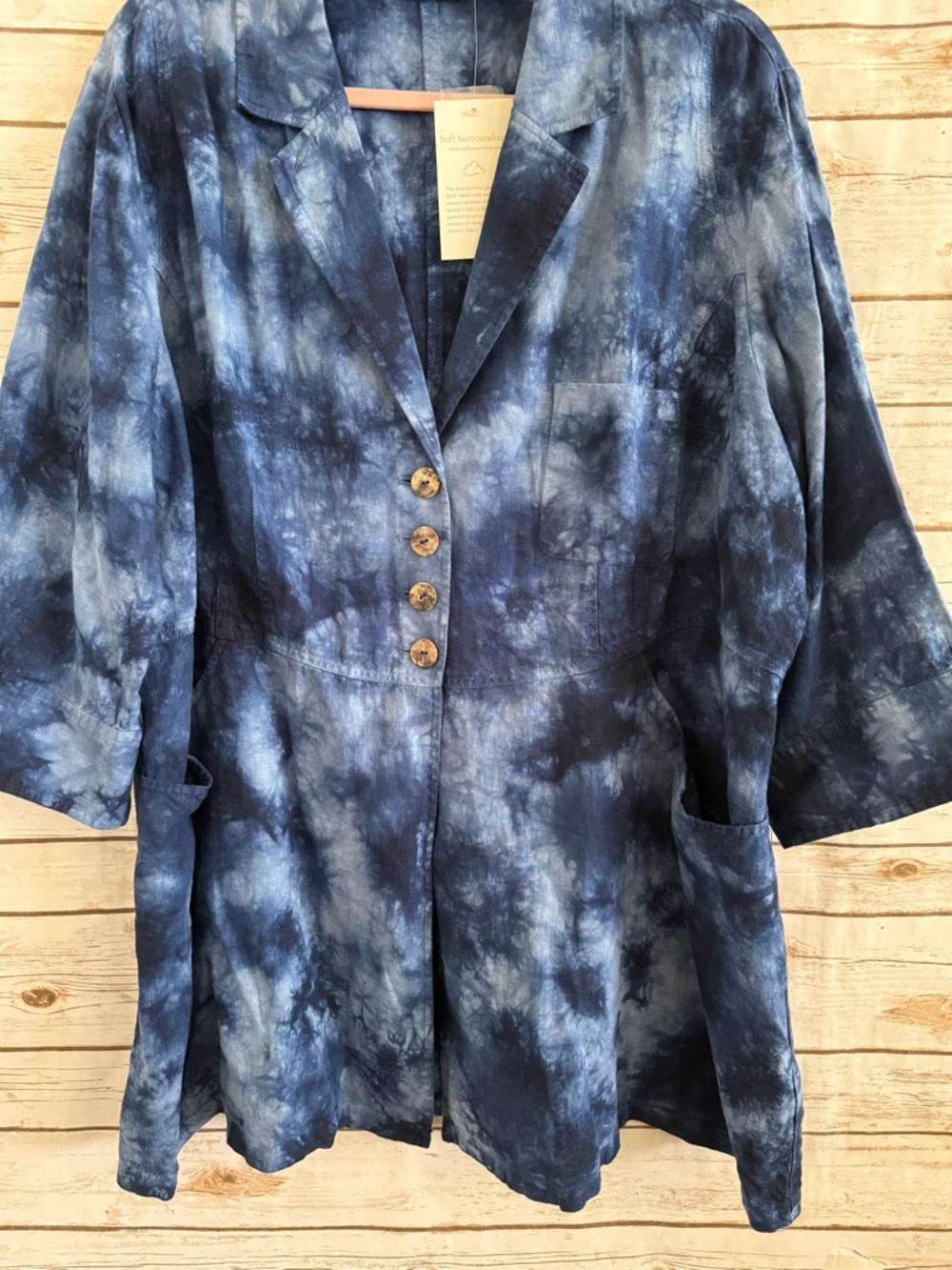 Soft Surroundings Eza 100% Linen Blue Tie Dye Top 2X Plus Pockets - Picture 3 of 11